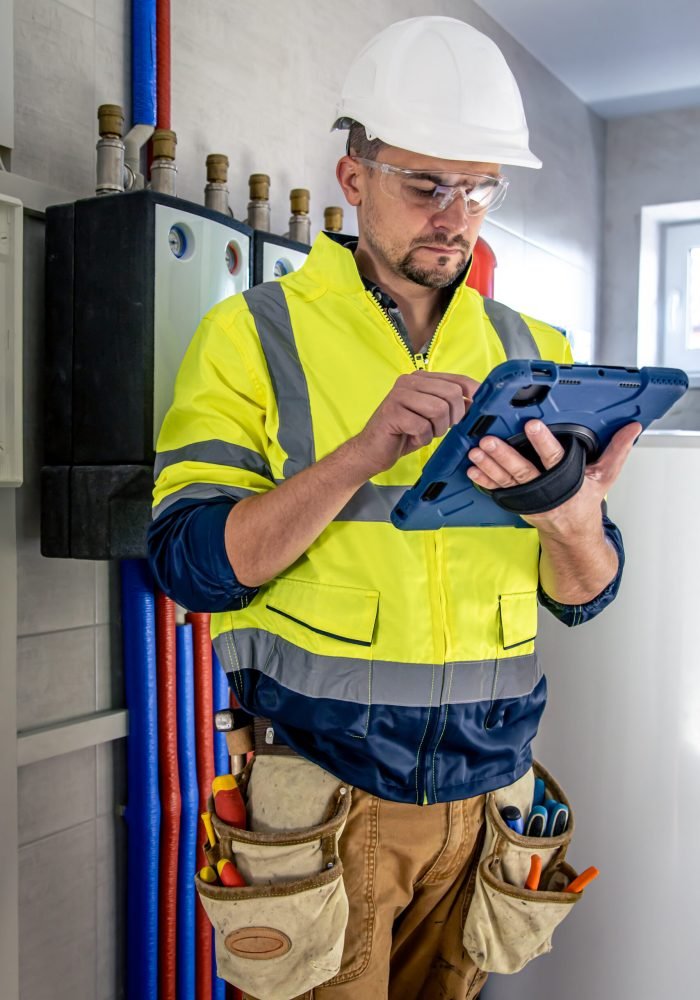 Man, an electrical technician in uniform working in a switchboard with fuses. Installation and connection of electrical equipment. Professional uses a tablet.